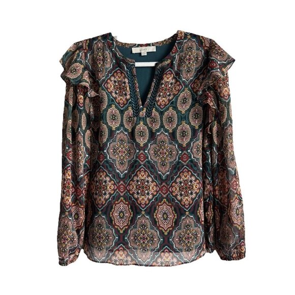 Ann Taylor LOFT Tapestry Ruffle Split Neck Blouse Women’s Size M Teal Peasant - Picture 1 of 13